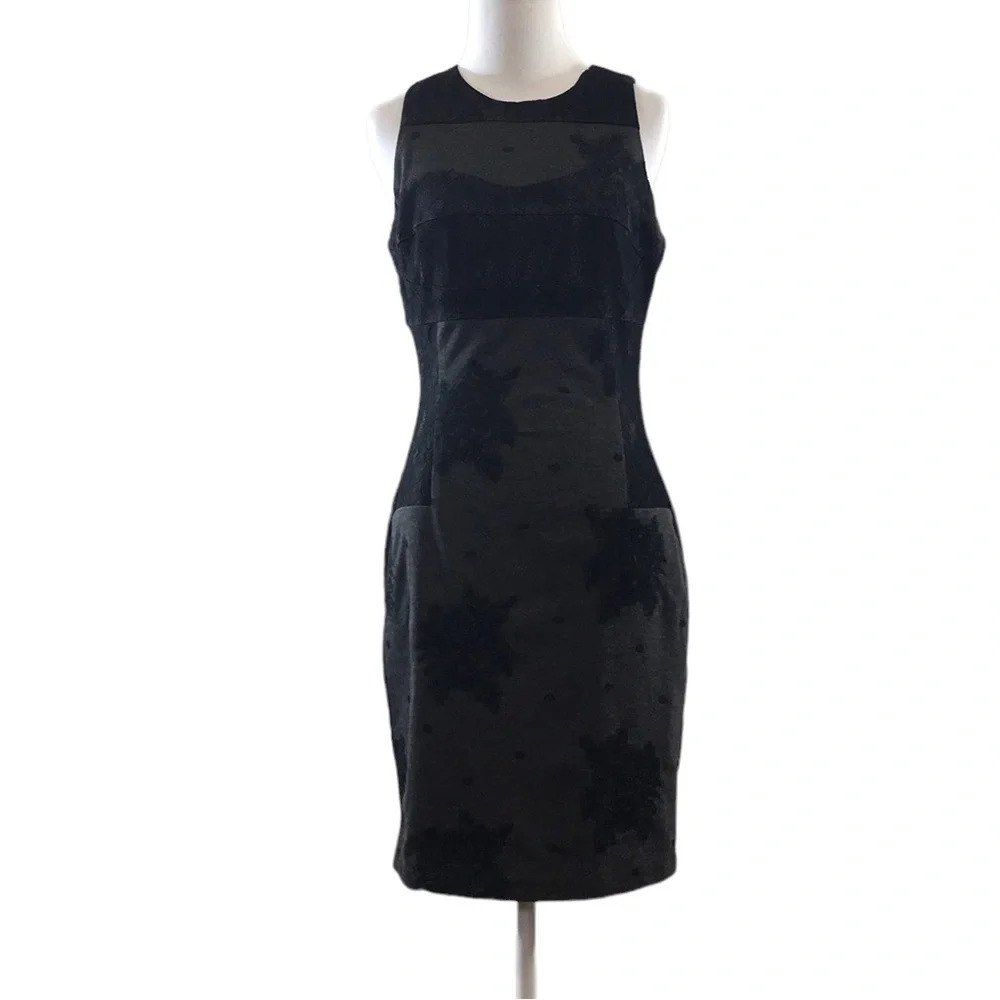 Anthropologie Maeve Black Gray Lace Flocked‎ Column Sheath Dress Womens Small